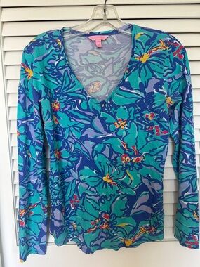 Lilly Pulitzer Turquoise Blue and Purple Floral V-Neck Top